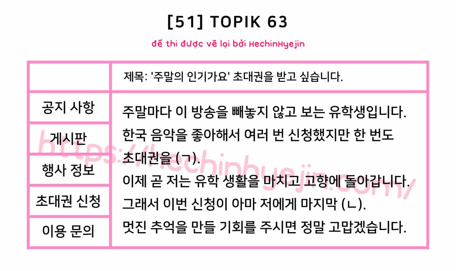 [TOPIK 63] Đề thi 쓰기 : câu 51, 52, 53, 54 – Hechin Hyejin